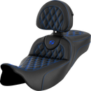 SADDLEMEN Roadsofa™ Extended Reach Seat - Lattice Stitch - Blue Stitch - with Backrest - FL '08-'24 808-07B-184B1