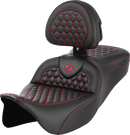 SADDLEMEN RoadSofa™ Seat - Honeycomb - Red Stitch - with Backrest - FLH/FLT '08-'23 808-07B-189B4