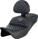 SADDLEMEN RoadSofa™ Seat - Honeycomb - Blue Stitch - with Backrest - FLH/FLT '08-'23 808-07B-189B1