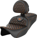SADDLEMEN RoadSofa™ Seat - Honeycomb - Orange Stitch - with Backrest - FLH/FLT '08-'23 808-07B-189B3