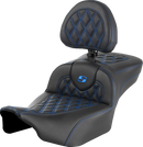 SADDLEMEN Roadsofa™ Extended Reach Seat - with Backrest - Lattice Stitch - Blue Stitch - FLTR/FLHX '23-'24 823-07-184B1