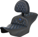SADDLEMEN RoadSofa™ Seat - with Backrest - Carbon Fiber - Lattice Stitch - Blue Stitch - FLTR/FLHX '23-'24 823-07-206B1
