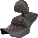 SADDLEMEN RoadSofa™ Seat - with Backrest - Carbon Fiber - Lattice Stitch - Orange Stitch - FLTR/FLHX '23-'24 823-07-206B3