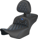 SADDLEMEN Roadsofa™ Extended Reach Seat - with Backrest - Lattice Stitch - Blue Stitch - FLTR/FLHX '23-'24 823-07-207B1