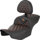 SADDLEMEN Roadsofa™ Extended Reach Seat - with Backrest - Lattice Stitch - Orange Stitch - FLTR/FLHX '23-'24 823-07-207B3
