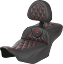 SADDLEMEN Roadsofa™ Extended Reach Seat - with Backrest - Lattice Stitch - Red Stitch - FLTR/FLHX '23-'24 823-07-207B4