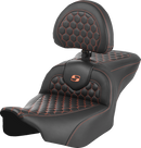 SADDLEMEN Roadsofa™ Seat - with Backrest - Honeycomb - Orange Stitch - FLTR/FLHX '23-'24 823-07-189B3