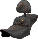 SADDLEMEN Roadsofa™ Extended Reach Seat - Dragon Scale Stitch - Orange Stitch - w/ Backrest - FLT/FLH '23-'24 823-07-209B3
