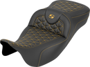 SADDLEMEN RoadSofa™ Tri Gripper Seat - Extended Reach - Gold Stitch - w/o Backrest - FLH/FLT '08-'25 808-07B-21107