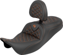 SADDLEMEN RoadSofa™ Tri Gripper Seat - Standard Reach - Orange Stitch - w/ Backrest - FLH/FLT '08-'25 808-07B-210B3