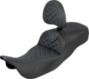 SADDLEMEN RoadSofa™ Tri Gripper Seat - Extended Reach - Blue Stitch - w/ Backrest - FLH/FLT '08-'25 808-07B-211B1