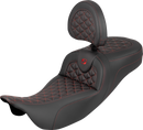 SADDLEMEN RoadSofa™ Tri Gripper Seat - Extended Reach - Red Stitch - w/ Backrest - FLH/FLT '08-'25 808-07B-211B4