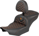 SADDLEMEN Roadsofa™ Seat - with Backrest - Orange Stitch - FLH/FLT '23-'25 823-07-210B3
